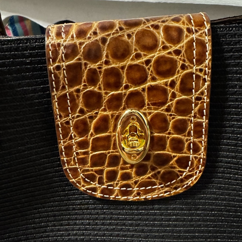 Eric Javits Black Island Tote Bag with Brown Croc-Trim and Gold Hardware - Picture 5 of 12